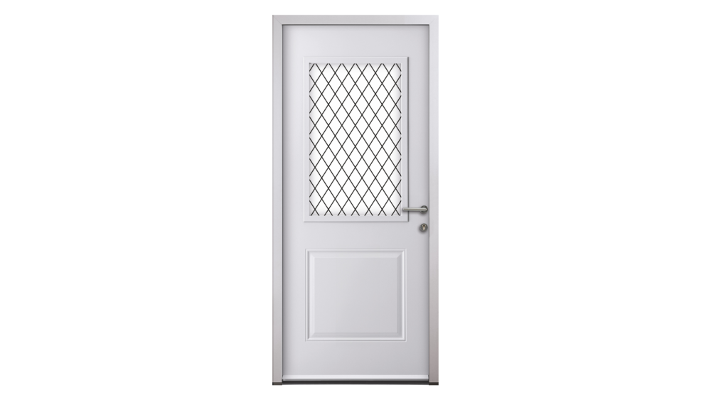 Porte d'entrée acier GLENAN 2 Porte d'entrée blanche avec partie en grille sérigraphiée